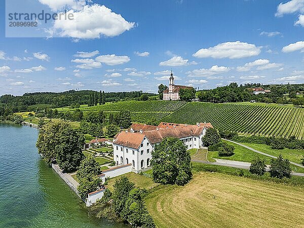 Aerial view of Maurach Castle on Lake Constance  below the Birnau pilgrimage church on a vineyard  Uhldingen-Mühlhofen  Lake Constance district  Baden-Württemberg  Germany  Europe