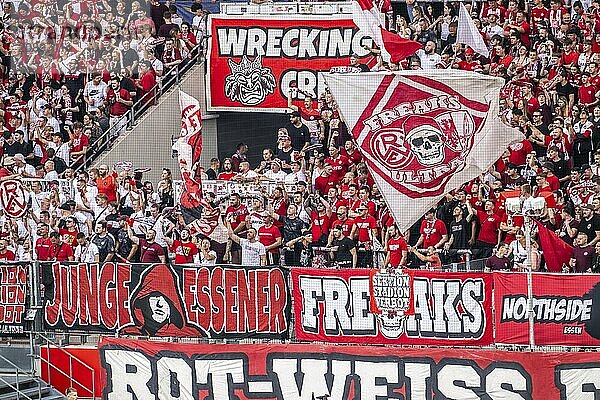 The football stadium of Rot-Weiß Essen  3rd league  stadium at the Hafenstraße  grandstand of the WAZ-Westkurve  called Alte West  home of the RWE fans  Ultras  the grandstand holds over 6600 visitors  Essen  North Rhine-Westphalia  Germany  Europe