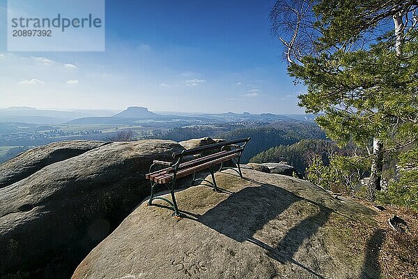 Bench on Waitzdorfer Aussicht with a view of the Lilienstein  Saxon Switzerland National Park  Germany  Europe