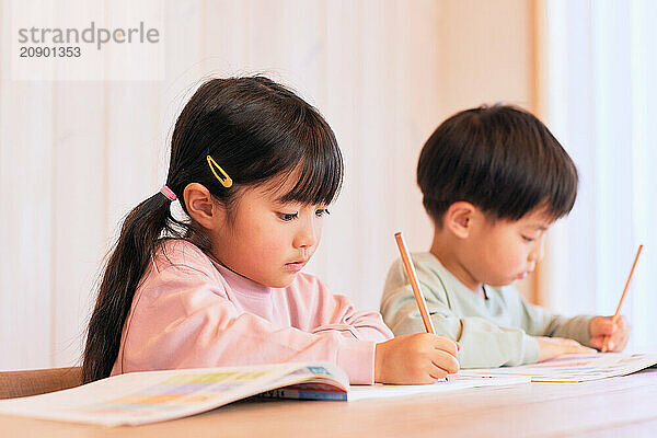 Japanese kids studying at home