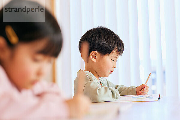 Japanese kids studying at home