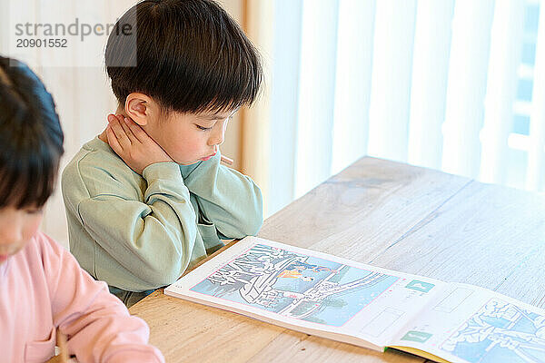 Japanese kids studying at home