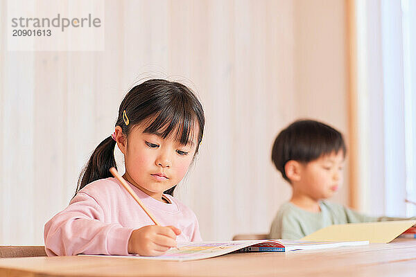 Japanese kids studying at home