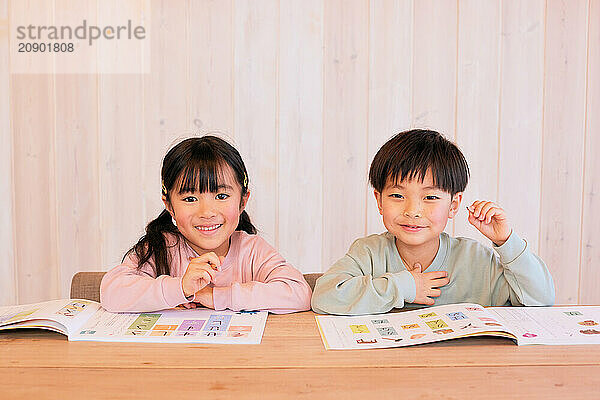 Japanese kids studying at home