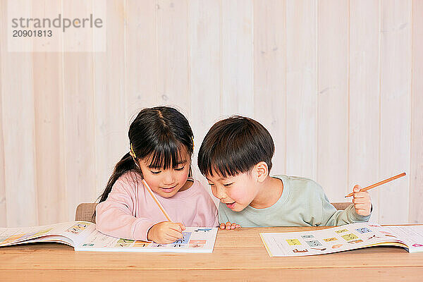 Japanese kids studying at home