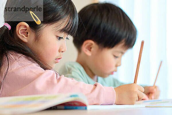 Japanese kids studying at home