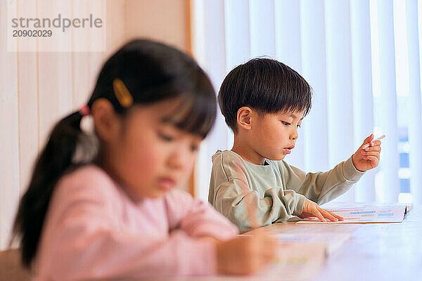 Japanese kids studying at home