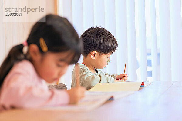 Japanese kids studying at home