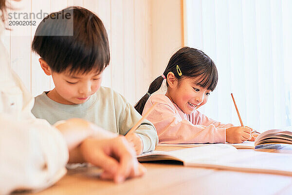 Japanese kids studying at home