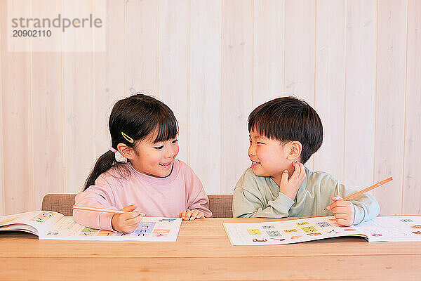 Japanese kids studying at home