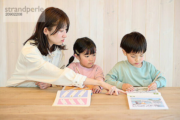 Japanese kids studying at home