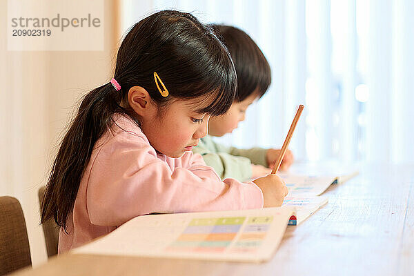 Japanese kids studying at home