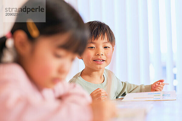 Japanese kids studying at home