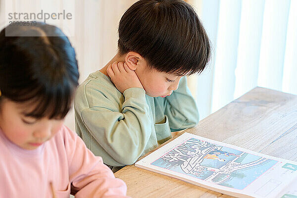 Japanese kids studying at home