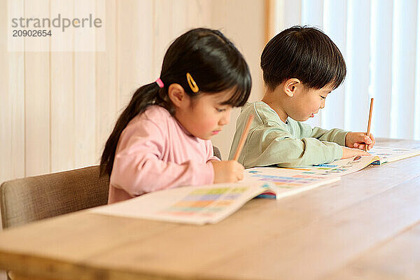 Japanese kids studying at home