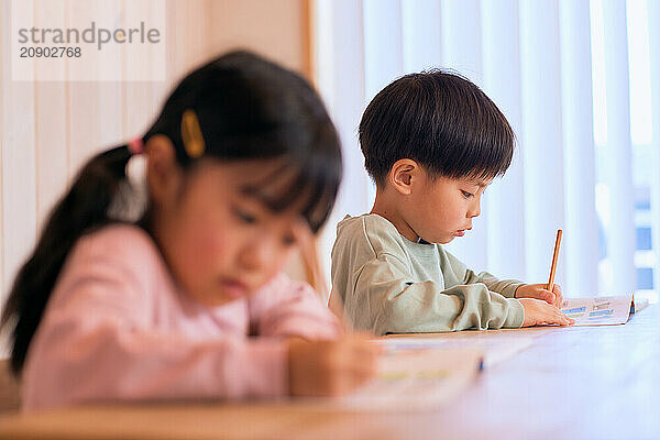 Japanese kids studying at home