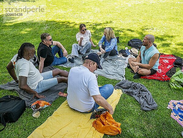 Group of adults enjoying a picnic in a sunny park with blankets and snacks on the grass.