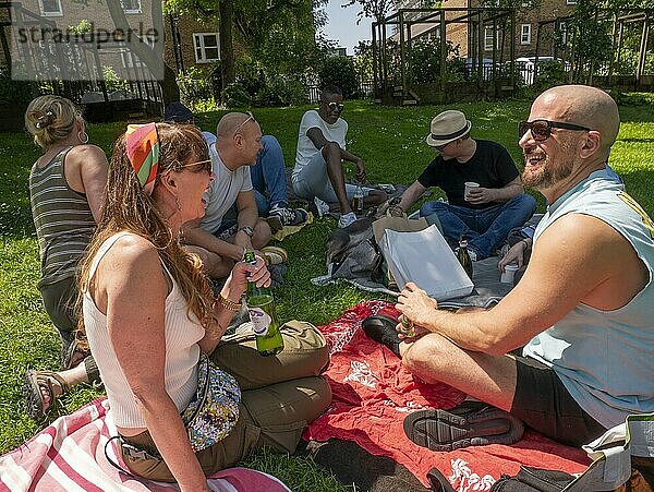 Friends enjoy a sunny picnic in a park with snacks and beverages on a red blanket.