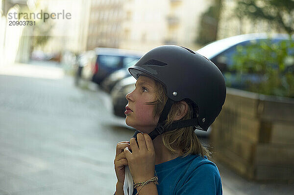 Young child in a black helmet prepares for a ride  securing the chin strap on a city sidewalk.