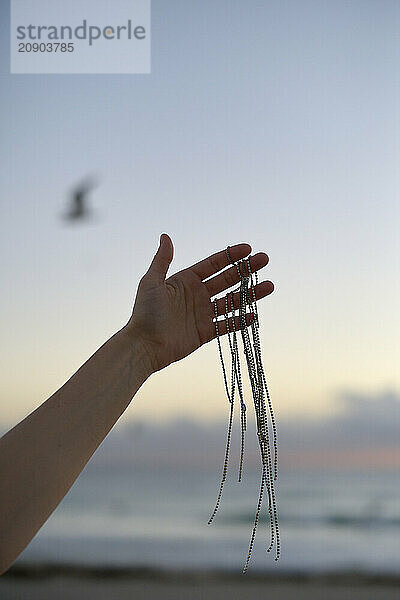 A hand holds elegant jewelry against a serene beach backdrop with a blurred bird flying in the distance during dusk.