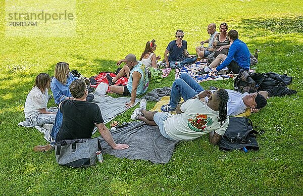 A group of friends enjoying a sunny picnic in the park  seated on blankets with snacks and beverages.