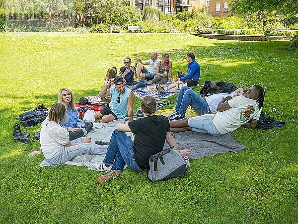 Friends enjoying a picnic on a sunny day in a green park.