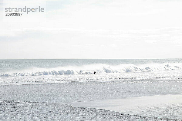 Surfers catch waves on a serene beach under a cloudy sky  West Auckland  New Zealand