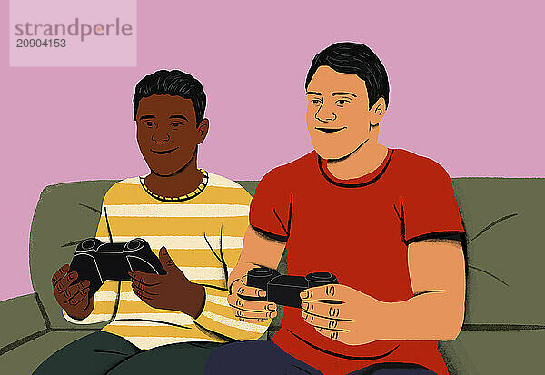 Two friends sitting on a couch enjoying a video game session together  each holding a controller and focused on their gameplay.