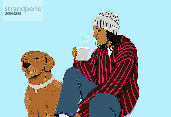 A relaxed woman in a striped red poncho and beanie enjoys a hot beverage next to her loyal golden retriever against a light blue background.