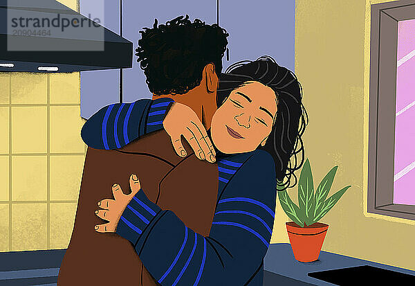 Two people sharing a warm  affectionate hug in a cozy interior setting.