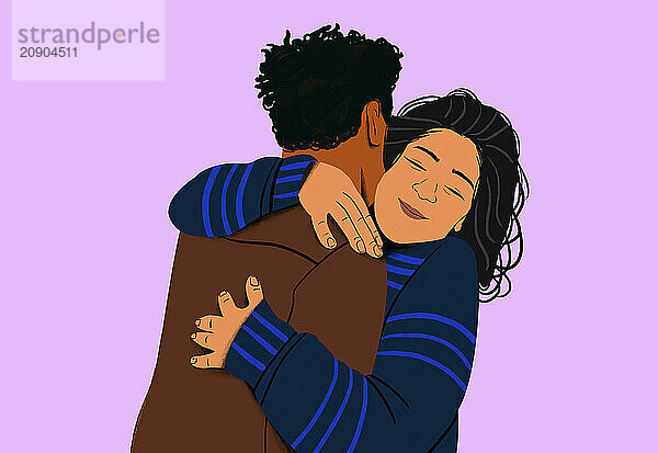 Two people sharing an affectionate embrace on a purple background.