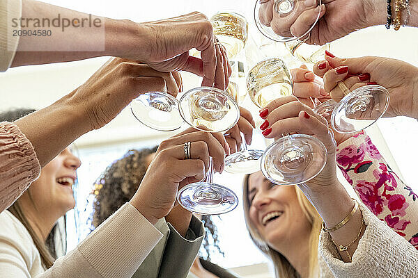 Group of people celebrating with a champagne toast  clinking glasses together in a joyful moment.