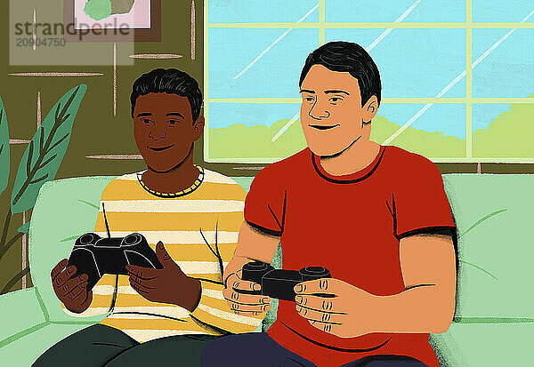 Two people sitting on a couch enjoying a video game together  smiling and holding game controllers.