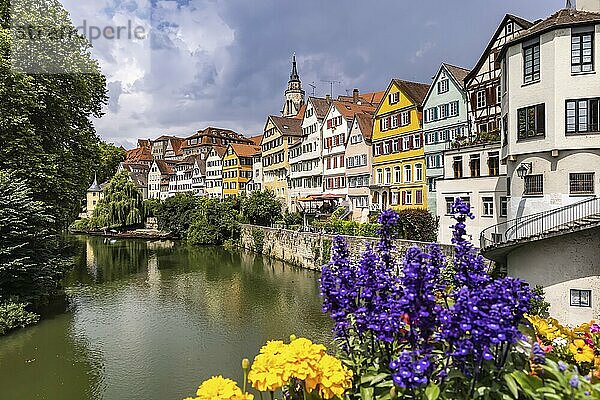 Tübinger Neckarfront mit Neckar und historischen Fassaden. Postkartenmotiv mit Stiftskirche und Hölderlinturm. Tübingen  Baden-Württemberg  Deutschland  Europa