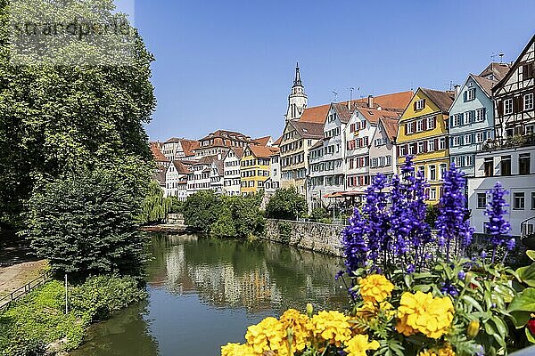 Tübinger Neckarfront mit Neckar und historischen Fassaden. Postkartenmotiv mit Stiftskirche und Hölderlinturm. Tübingen  Baden-Württemberg  Deutschland  Europa