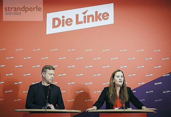 Janine Wissler  Vorsitzende der Partei Die Linke  und Martin Schirdewan  Vorsitzender der Partei Die Linke  aufgenommen im Rahmen einer Pressekonferenz in Berlin  19.08.2024