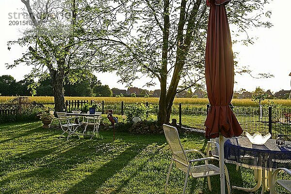 Europa  Deutschland  Niedersachsen  Krs Stade  Garten  Gartentisch  Gegenlicht  Europa