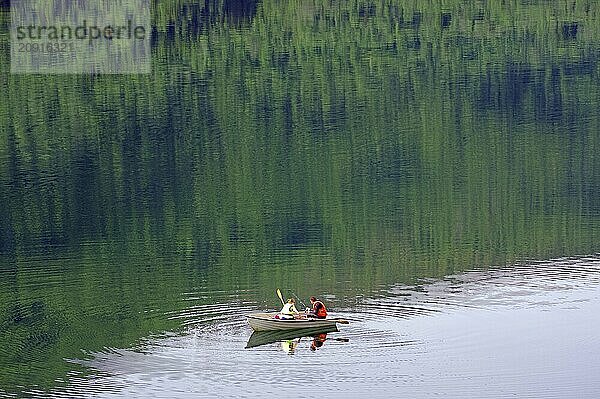 Zwei Personen in einem Boot rudern über einen spiegelglatten See  umgeben von einem grünen Wald  Lovatnetl  Loen  Fjordland  Norwegen  Europa