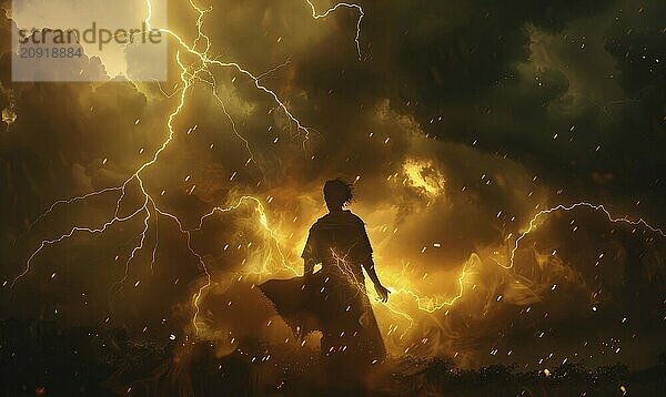 Fantasy background with silhouette of the person illuminated by thunder lighting AI generated