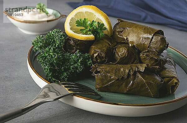 Dolma  Kohlrouladen  Traubenblätter mit Füllung  weiße Soße  Zitrone und Kräuter  rustikal  selektiver Fokus  keine Menschen