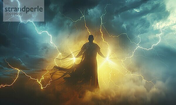 Fantasy background with silhouette of the person illuminated by thunder lighting AI generated