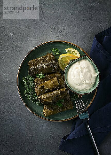 Dolma  Kohlrouladen  Traubenblätter mit Füllung  weiße Soße  Zitrone und Kräuter  rustikal  selektiver Fokus  keine Menschen