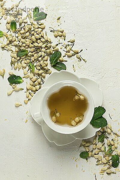 Jasmine Tea  drink  Jasmine flowers  dry  herbal  tea  top view  no people