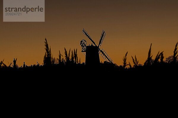 Windmühlensilhouette bei Sonnenuntergang mit rotem Himmel und Wolken im Hintergrund und Schilfgürtel im Vordergrund  Cley next to the sea  Norfolk  England  Großbritannien  Europa