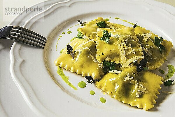 Ravioli mit Spinat und Käse  grüne Soße  auf einem hellen Hintergrund  selektiver Fokus  keine Menschen