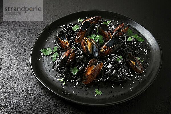 Spaghetti mit schwarzem Tintenfisch  schwarze Nudeln  mit gekochten Muscheln  auf einem schwarzen Teller  mit Petersilie und Parmesankäse  Nahaufnahme  selektiver Fokus  keine Personen