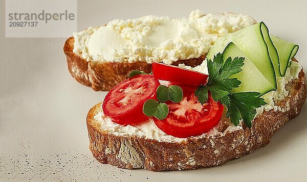 Sandwich  mit Frischkäse  hausgemacht  auf einem Schneidebrett  rustikal  ohne Menschen  selektiver Fokus  Frühstück