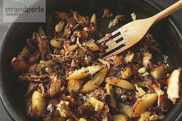 Gebratene Pfifferlinge mit Pilzen  in einer Tonpfanne  Nahaufnahme  Draufsicht  selektiver Fokus