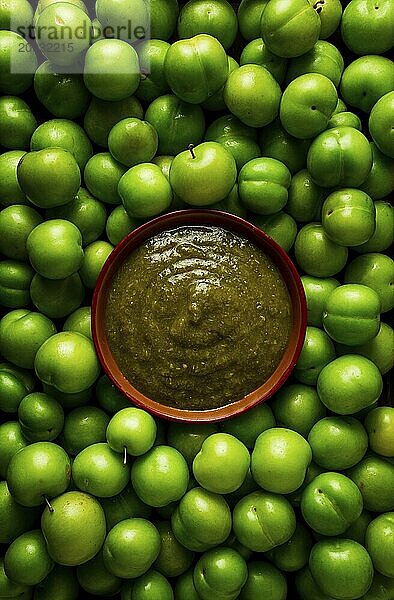 Tkemali Sauce  traditionelle georgische Küche  grüne Kirschpflaume  mit Zutaten für die Sauce  Koriander  Minze  scharfer Pfeffer  Knoblauch  auf einem Holztisch  Nahaufnahme  rustikal  Lebensmittel Hintergrund  keine Menschen  selektiver Fokus  Sauce  grüne Sauce  tkemali  georgische Küche  hausgemacht