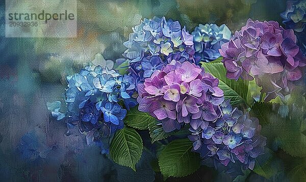 Illustration of hydrangeas in oil painting style with bokeh and soft gradient AI generated